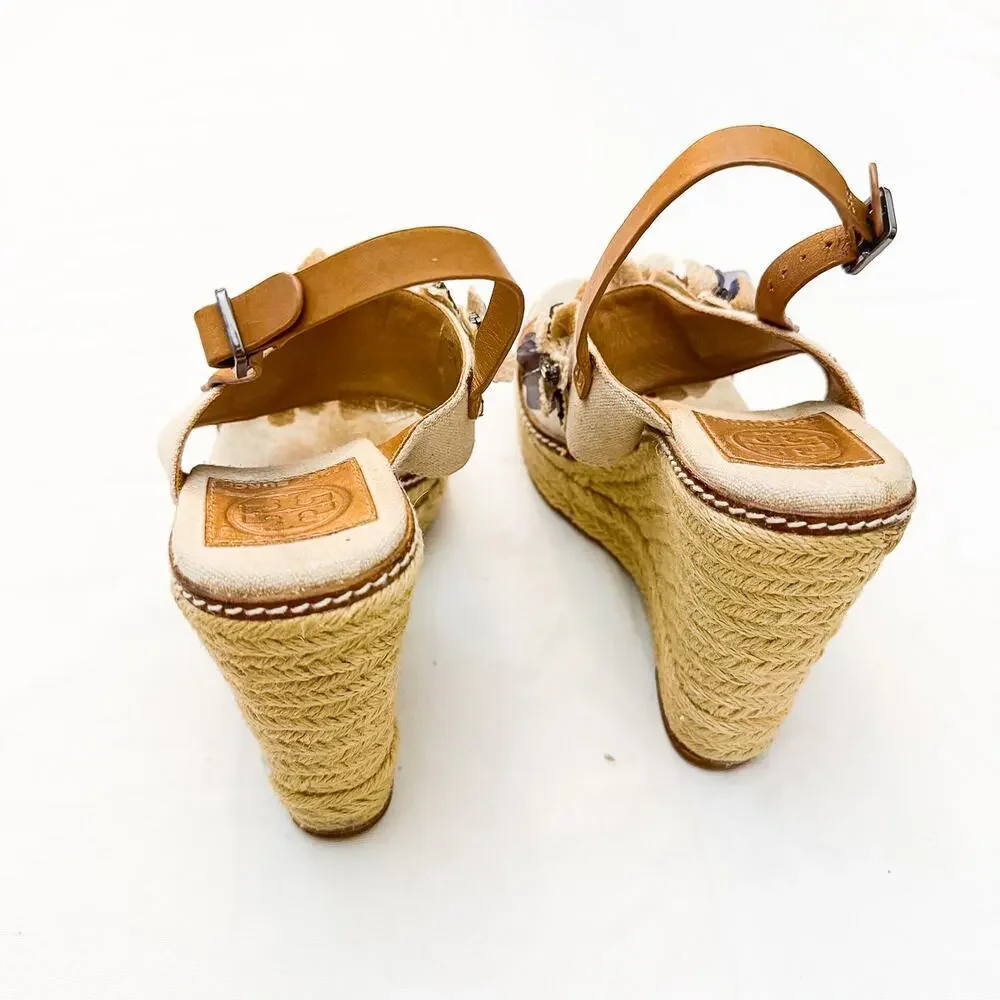 Tory Burch Mallory Lin Natural Espadrille Wedge Sandals Floral Applique Size 8.5